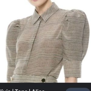 Alice + Olivia Willa Houndstooth Check Scrunched Puff Sleeve Top